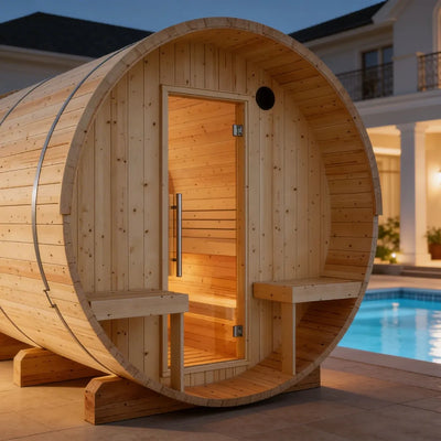 Helsinki 4-Person Finnish Barrel Sauna with Terrace & 8kW WiFi Heater