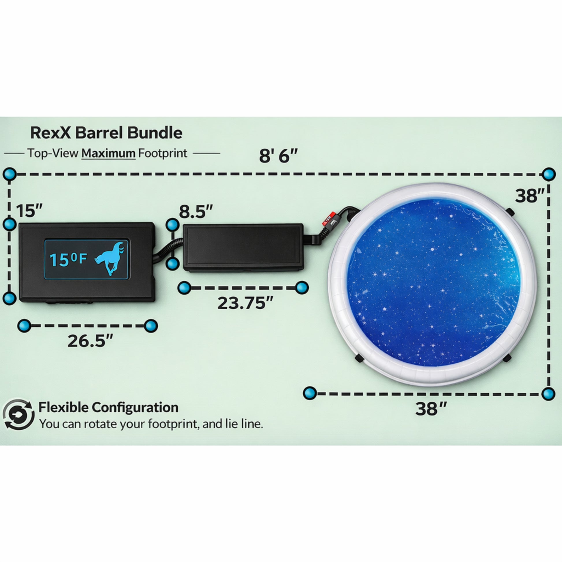 RevX inflatable barrel cold plunge bundle with separate WiFi chiller and X-Flow filtration