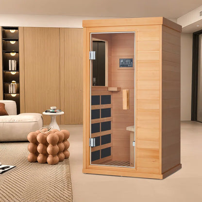 Compact one-person Canadian hemlock FAR infrared sauna with tempered glass door