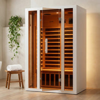 2 Person Extendable FAR Infrared Sauna for Home, Hemlock Wood Low EMF 6 Carbon Heaters Indoor Saunas with LED Lights, Bluetooth Speaker, Digital Control Panel, and Seating Bench — Studio Shot
