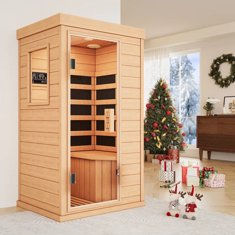 Compact one-person Canadian hemlock FAR infrared sauna with tempered glass door