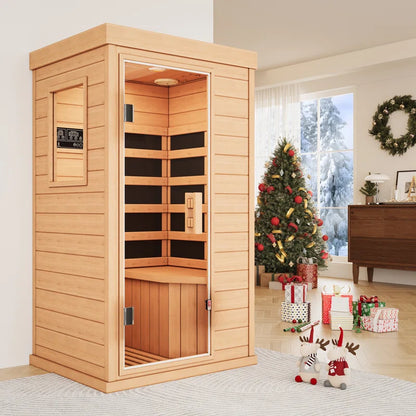 Compact one-person Canadian hemlock FAR infrared sauna with tempered glass door