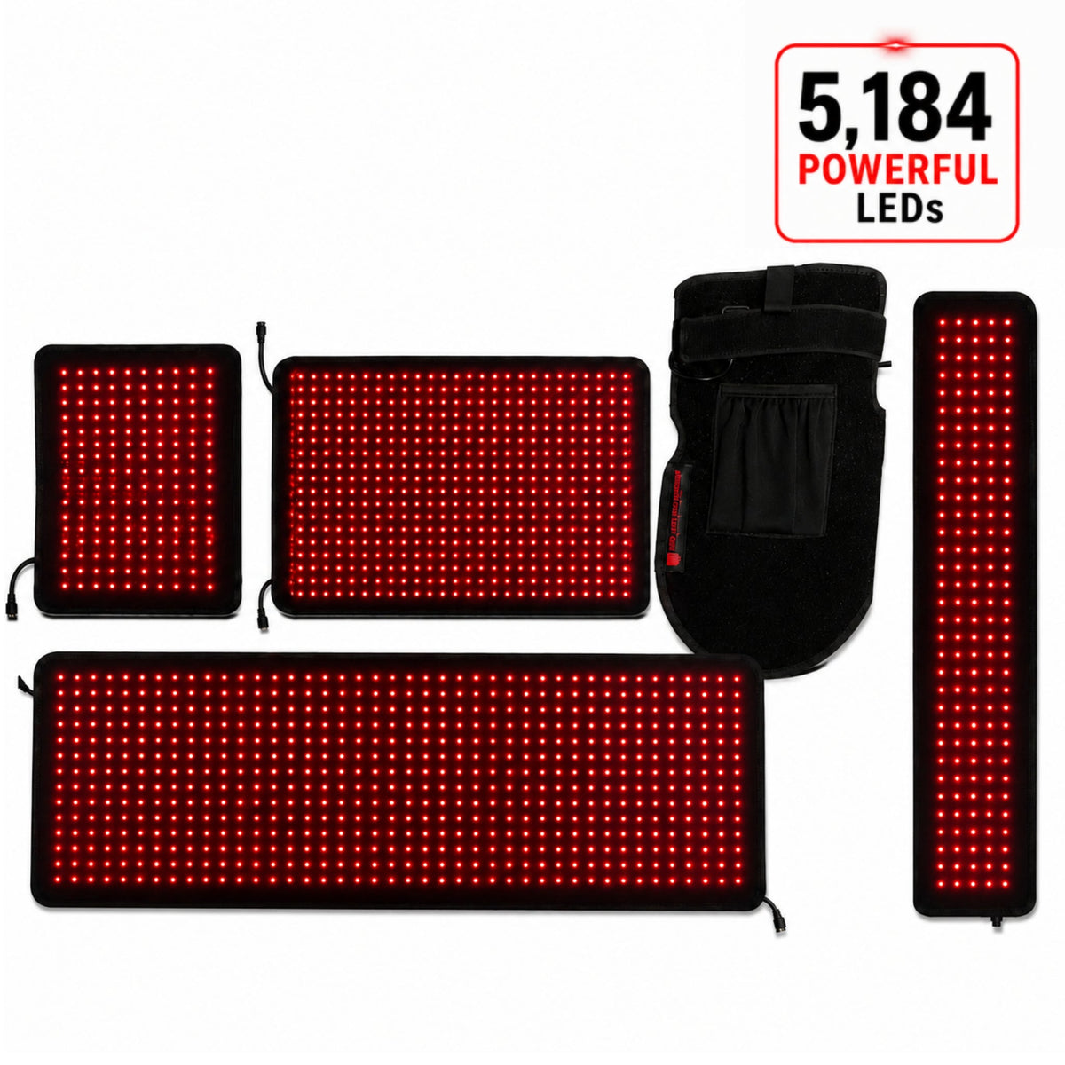 Red light therapy kit with five flexible pads and canvas tote