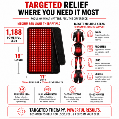 Medium Red Light Therapy Pad | 16" × 11" | 1,188 LEDs + 12V Car Adapter
