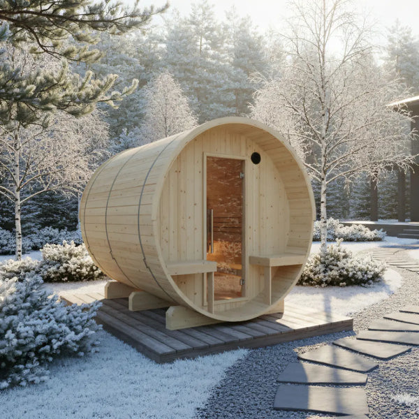 Turku six-person Finnish barrel sauna with front terrace, glass door, and two-tier benches