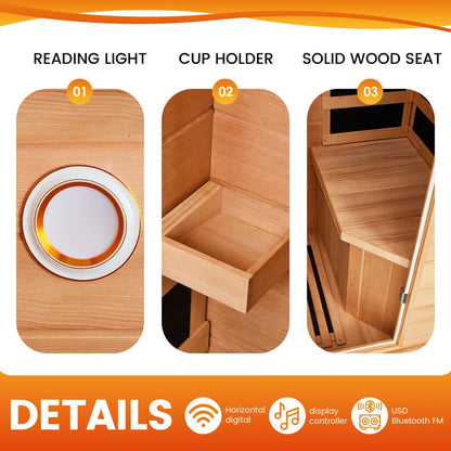 Compact one-person Canadian hemlock FAR infrared sauna with tempered glass door