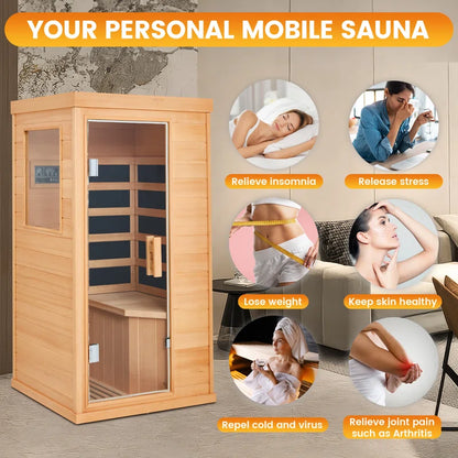 Compact one-person Canadian hemlock FAR infrared sauna with tempered glass door