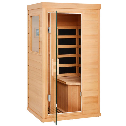 Compact one-person Canadian hemlock FAR infrared sauna with tempered glass door