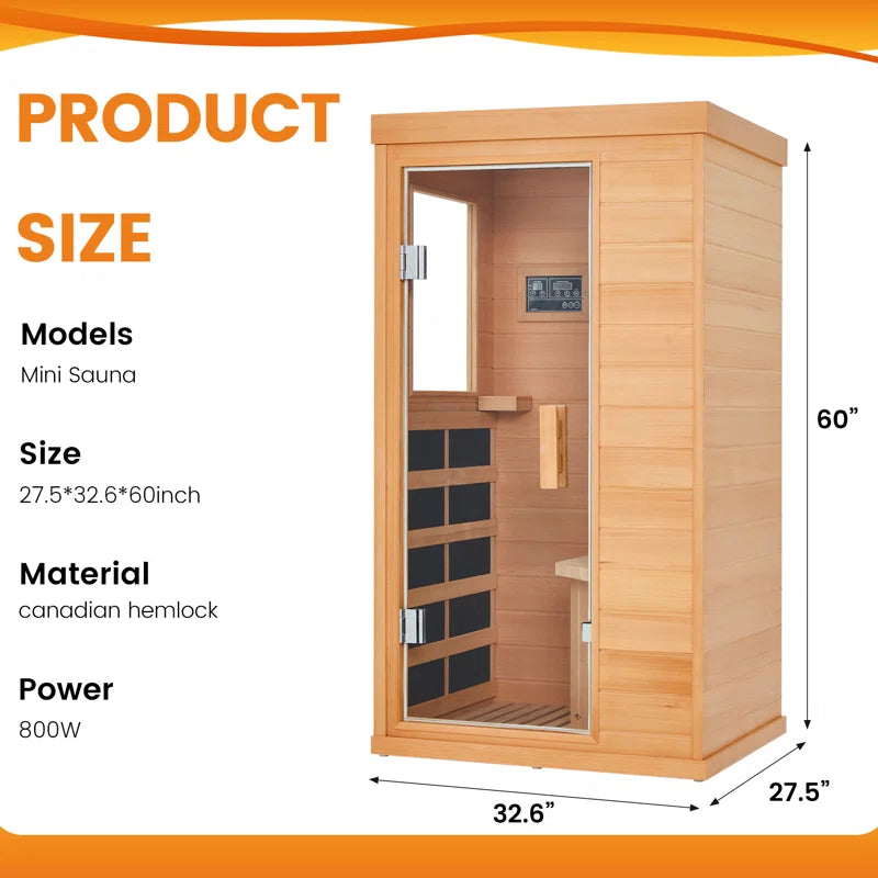 Compact one-person Canadian hemlock FAR infrared sauna with tempered glass door