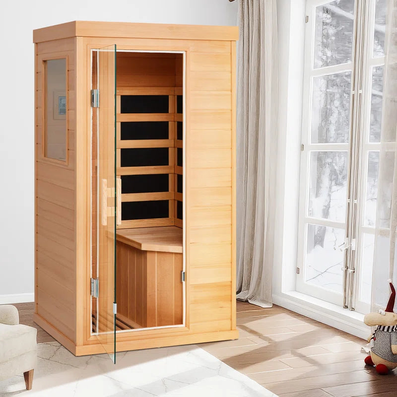 Compact one-person Canadian hemlock FAR infrared sauna with tempered glass door